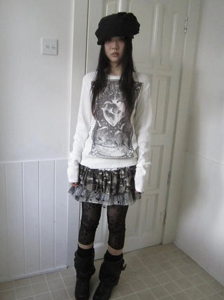 Vintage Print Knit Sweater Long Sleeve Autumn Elastic