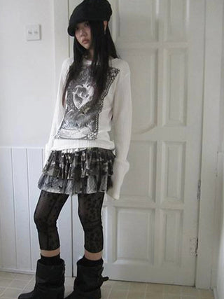 Vintage Print Knit Sweater Long Sleeve Autumn Elastic