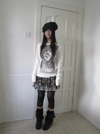 Vintage Print Knit Sweater Long Sleeve Autumn Elastic