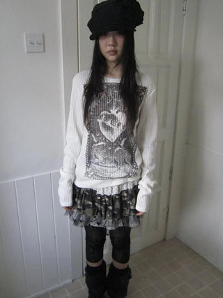 Vintage Print Knit Sweater Long Sleeve Autumn Elastic