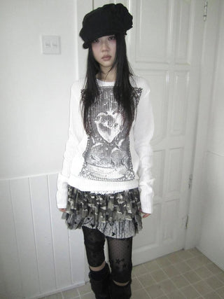 Vintage Print Knit Sweater Long Sleeve Autumn Elastic