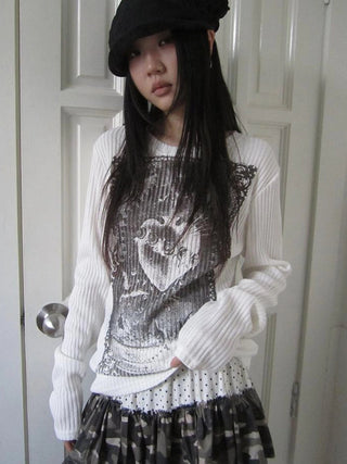 Vintage Print Knit Sweater Long Sleeve Autumn Elastic