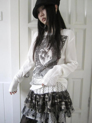 Vintage Print Knit Sweater Long Sleeve Autumn Elastic