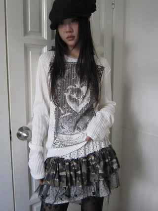 Vintage Print Knit Sweater Long Sleeve Autumn Elastic