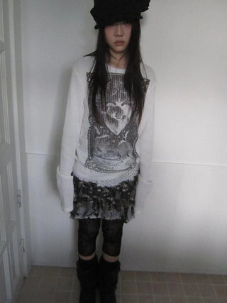 Vintage Print Knit Sweater Long Sleeve Autumn Elastic