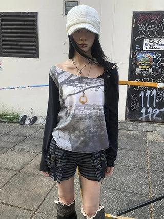 Vintage Print Patchwork Sleeve Tee