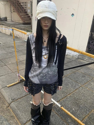 Vintage Print Patchwork Sleeve Tee