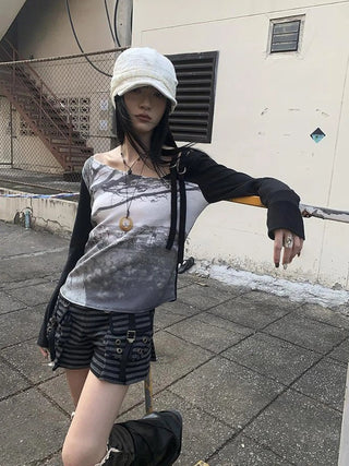 Vintage Print Patchwork Sleeve Tee