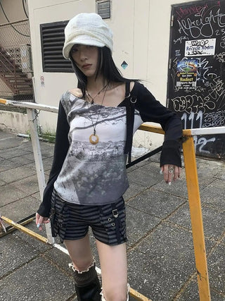 Vintage Print Patchwork Sleeve Tee