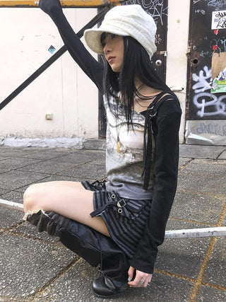 Vintage Print Patchwork Sleeve Tee