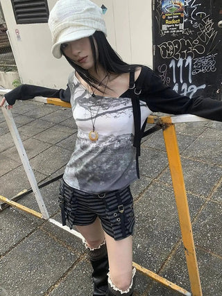 Vintage Print Patchwork Sleeve Tee