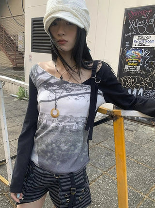 Vintage Print Patchwork Sleeve Tee