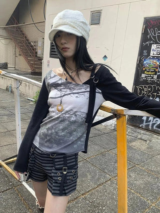 Vintage Print Patchwork Sleeve Tee