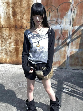 Vintage Print Patchwork Sleeve Tee