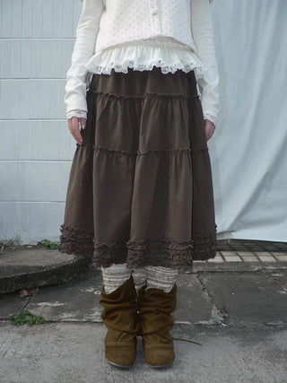 Vintage Ruffle Pleated A Line Elastic Waist Lined Women Brown Midi Skirt