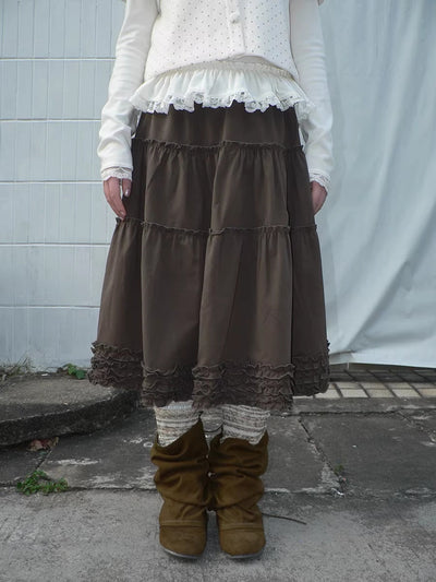 Vintage Ruffle Pleated A Line Elastic Waist Lined Women Brown Midi Skirt