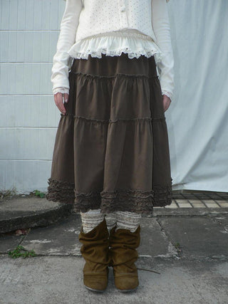 Vintage Ruffle Pleated A Line Elastic Waist Lined Women Brown Midi Skirt