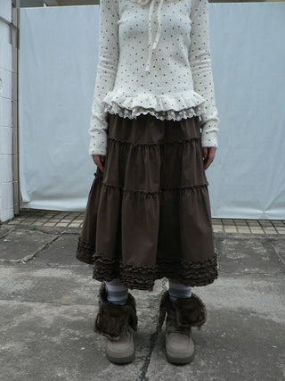 Vintage Ruffle Pleated A Line Elastic Waist Lined Women Brown Midi Skirt