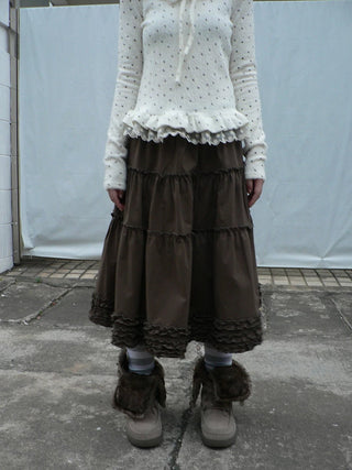 Vintage Ruffle Pleated A Line Elastic Waist Lined Women Brown Midi Skirt