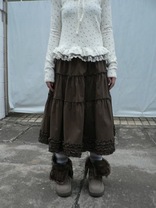Vintage Ruffle Pleated A Line Elastic Waist Lined Women Brown Midi Skirt
