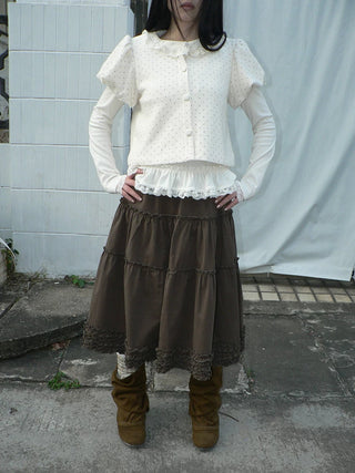 Vintage Ruffle Pleated A Line Elastic Waist Lined Women Brown Midi Skirt