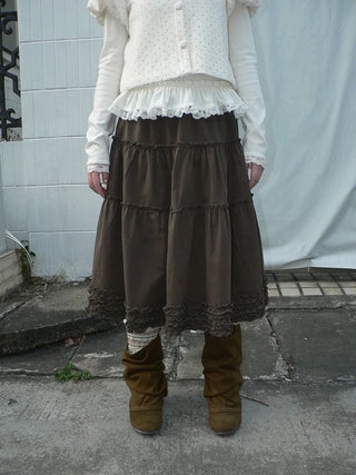 Vintage Ruffle Pleated A Line Elastic Waist Lined Women Brown Midi Skirt