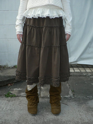 Vintage Ruffle Pleated A Line Elastic Waist Lined Women Brown Midi Skirt
