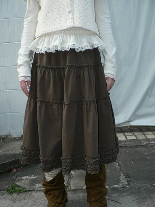 Vintage Ruffle Pleated A Line Elastic Waist Lined Women Brown Midi Skirt