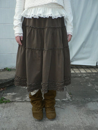 Vintage Ruffle Pleated A Line Elastic Waist Lined Women Brown Midi Skirt