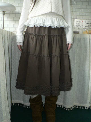 Vintage Ruffle Pleated A Line Elastic Waist Lined Women Brown Midi Skirt