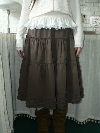 Vintage Ruffle Pleated A Line Elastic Waist Lined Women Brown Midi Skirt