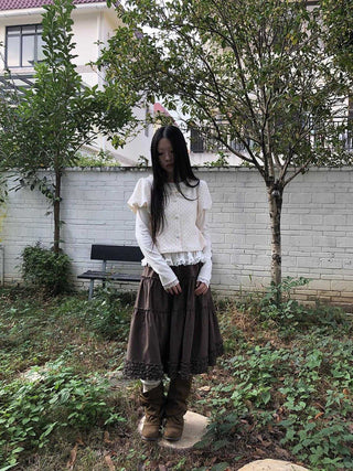 Vintage Ruffle Pleated A Line Elastic Waist Lined Women Brown Midi Skirt