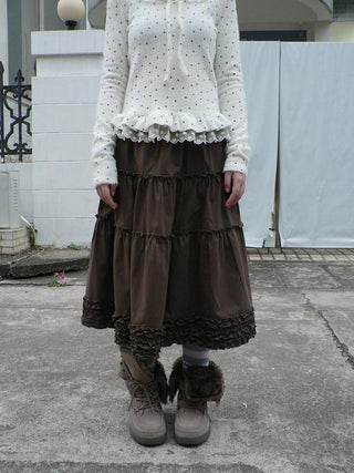 Vintage Ruffle Pleated A Line Elastic Waist Lined Women Brown Midi Skirt