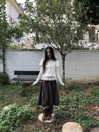 Vintage Ruffle Pleated A Line Elastic Waist Lined Women Brown Midi Skirt