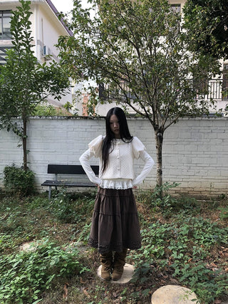 Vintage Ruffle Pleated A Line Elastic Waist Lined Women Brown Midi Skirt