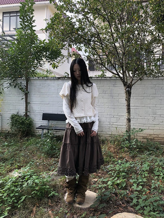 Vintage Ruffle Pleated A Line Elastic Waist Lined Women Brown Midi Skirt