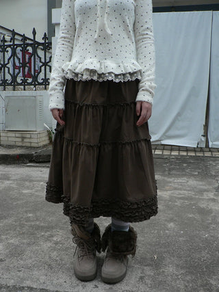 Vintage Ruffle Pleated A Line Elastic Waist Lined Women Brown Midi Skirt