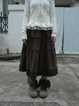 Vintage Ruffle Pleated A Line Elastic Waist Lined Women Brown Midi Skirt