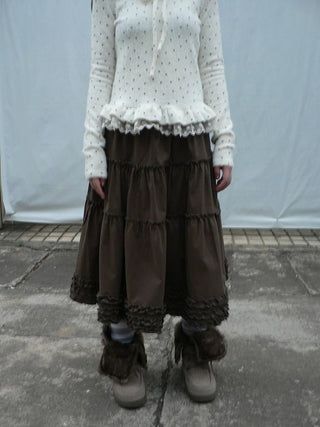 Vintage Ruffle Pleated A Line Elastic Waist Lined Women Brown Midi Skirt