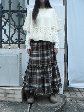 Vintage Ruffle Print A Line Elastic Waist Casual Women Brown Maxi Skirt