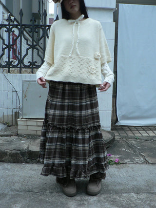 Vintage Ruffle Print A Line Elastic Waist Casual Women Brown Maxi Skirt