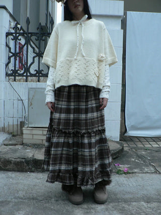 Vintage Ruffle Print A Line Elastic Waist Casual Women Brown Maxi Skirt