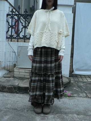 Vintage Ruffle Print A Line Elastic Waist Casual Women Brown Maxi Skirt