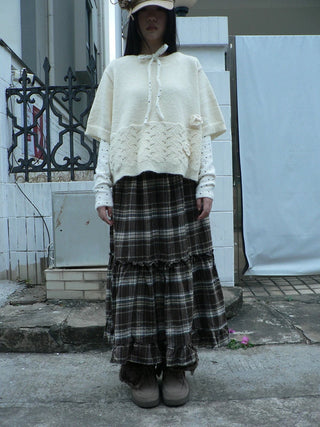 Vintage Ruffle Print A Line Elastic Waist Casual Women Brown Maxi Skirt