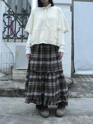 Vintage Ruffle Print A Line Elastic Waist Casual Women Brown Maxi Skirt