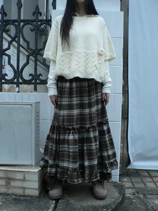 Vintage Ruffle Print A Line Elastic Waist Casual Women Brown Maxi Skirt