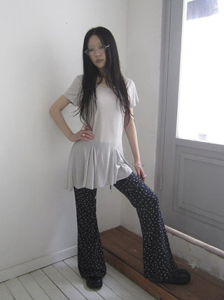Vintage Sheer Floral Hem V Neck T Shirt Long Sleeve