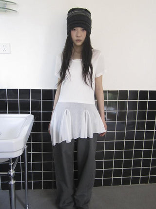 Vintage Sheer Floral Hem V Neck T Shirt Long Sleeve