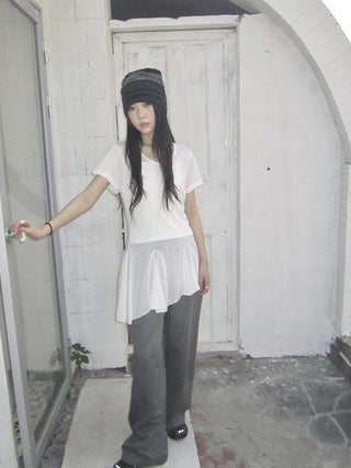 Vintage Sheer Floral Hem V Neck T Shirt Long Sleeve