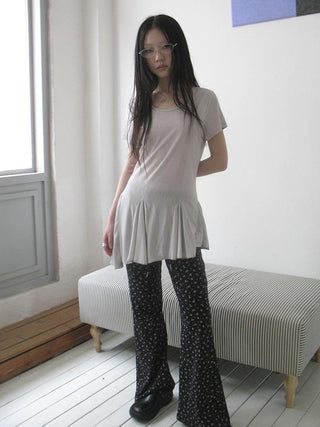 Vintage Sheer Floral Hem V Neck T Shirt Long Sleeve